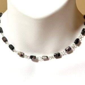 Genuine Gemstone Black Pink Rhodonite Adjustable Short Necklace